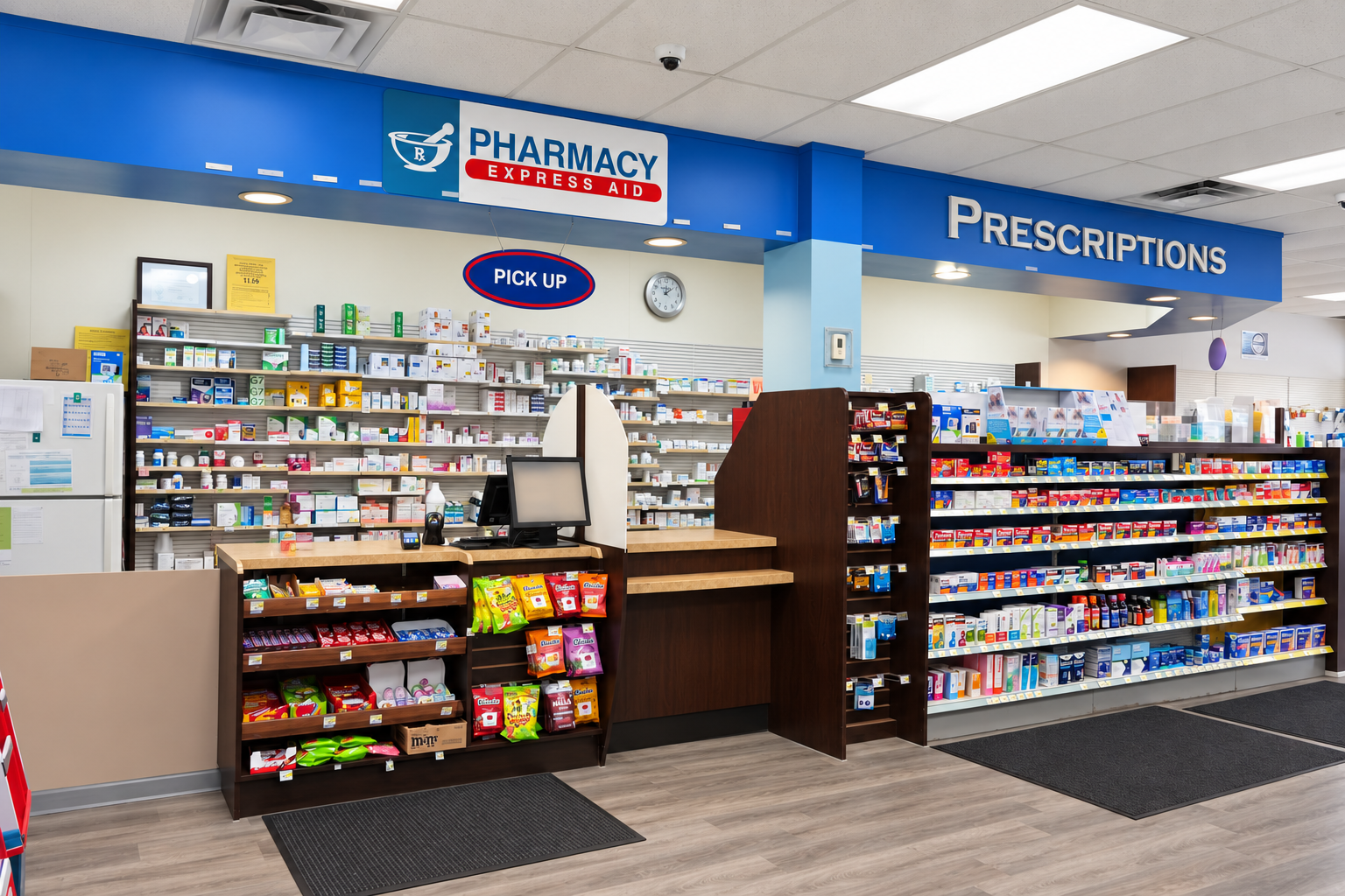 Inside the pharmacy at the prescription pick-up counter