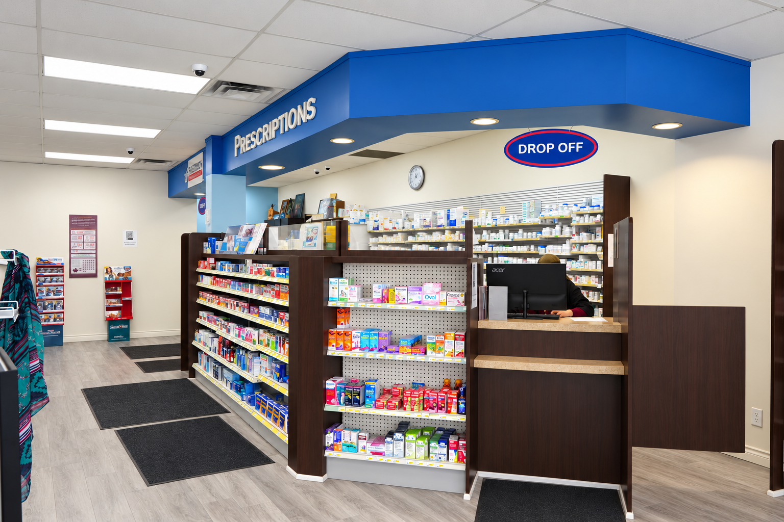 Prescriptions drop-off counter inside the pharmacy