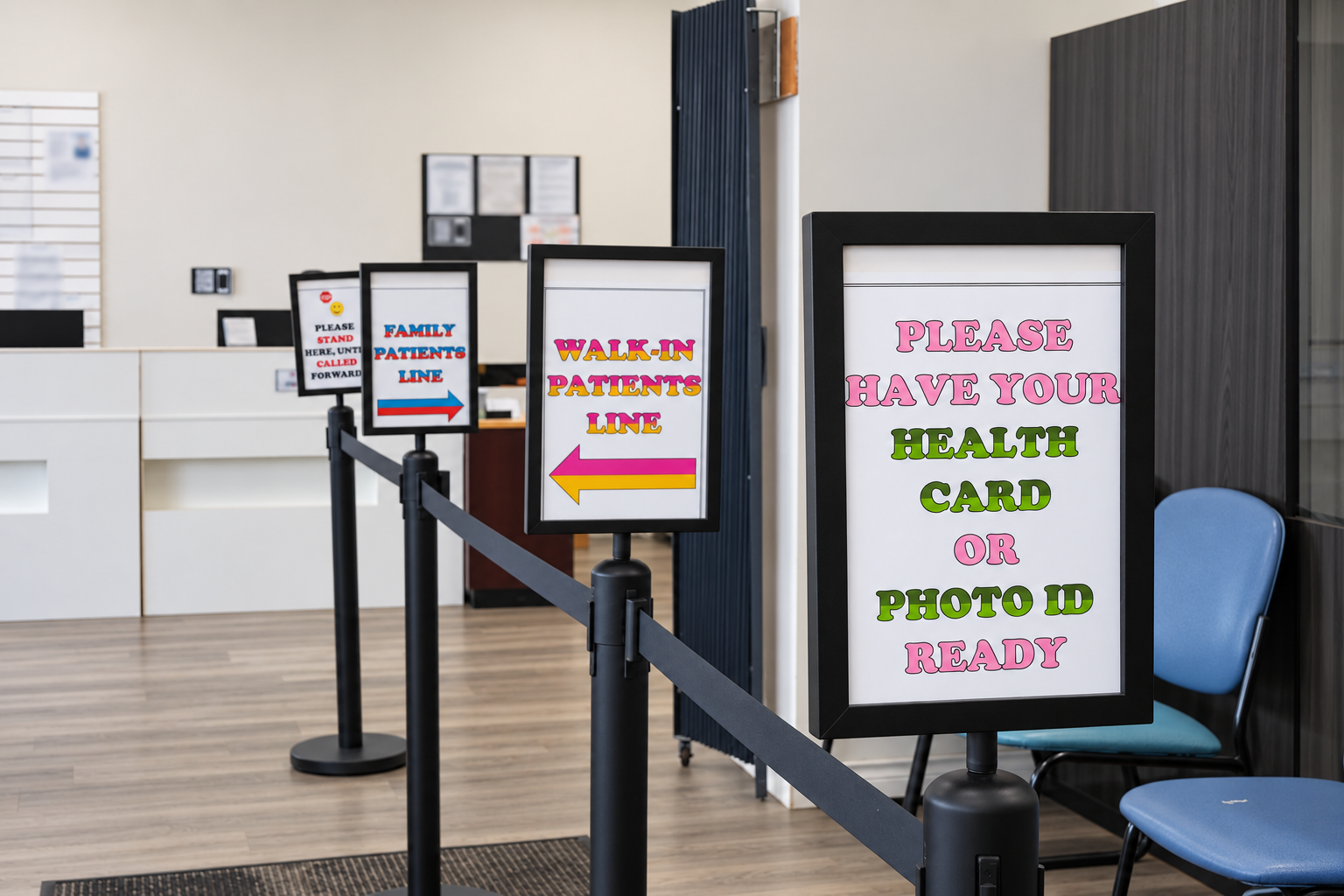 Walk-in and family patient queue signs in the clinic