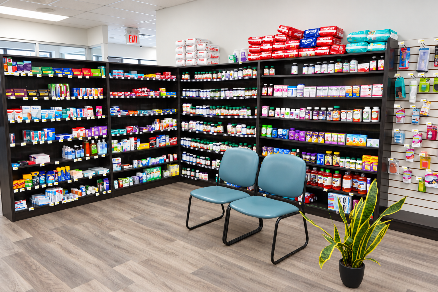Retail shelves and pharmacy team inside Grove St Pharmacy