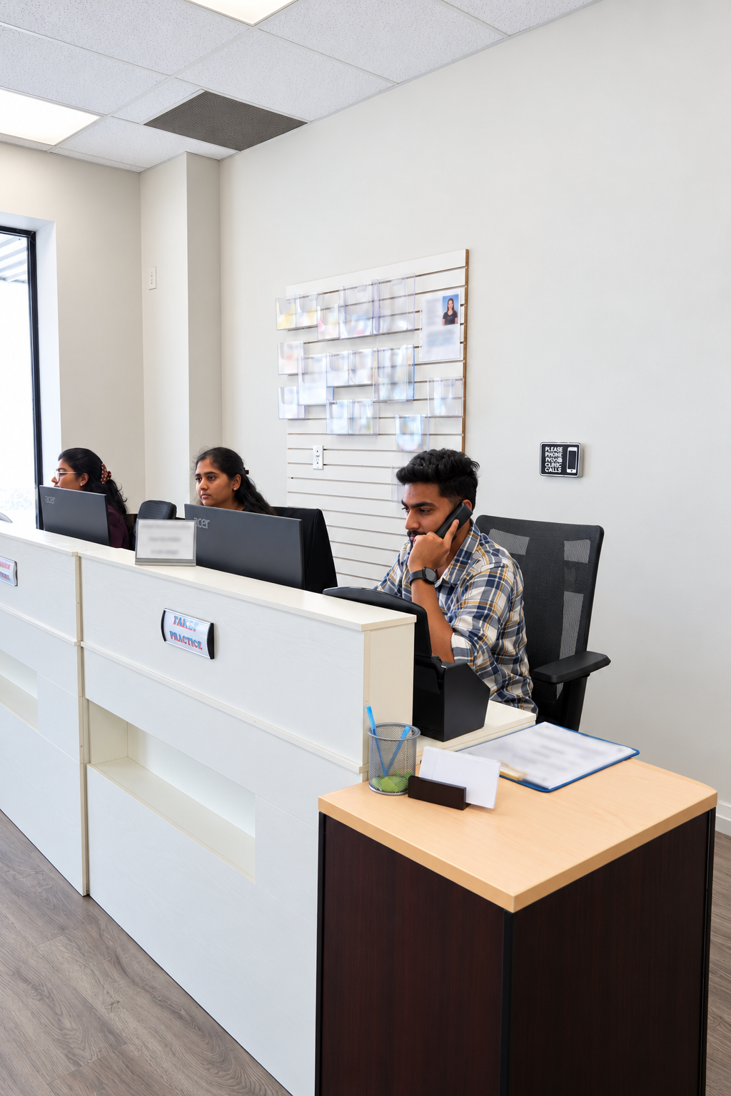 Front desk team greeting patients at the walk-in clinic reception