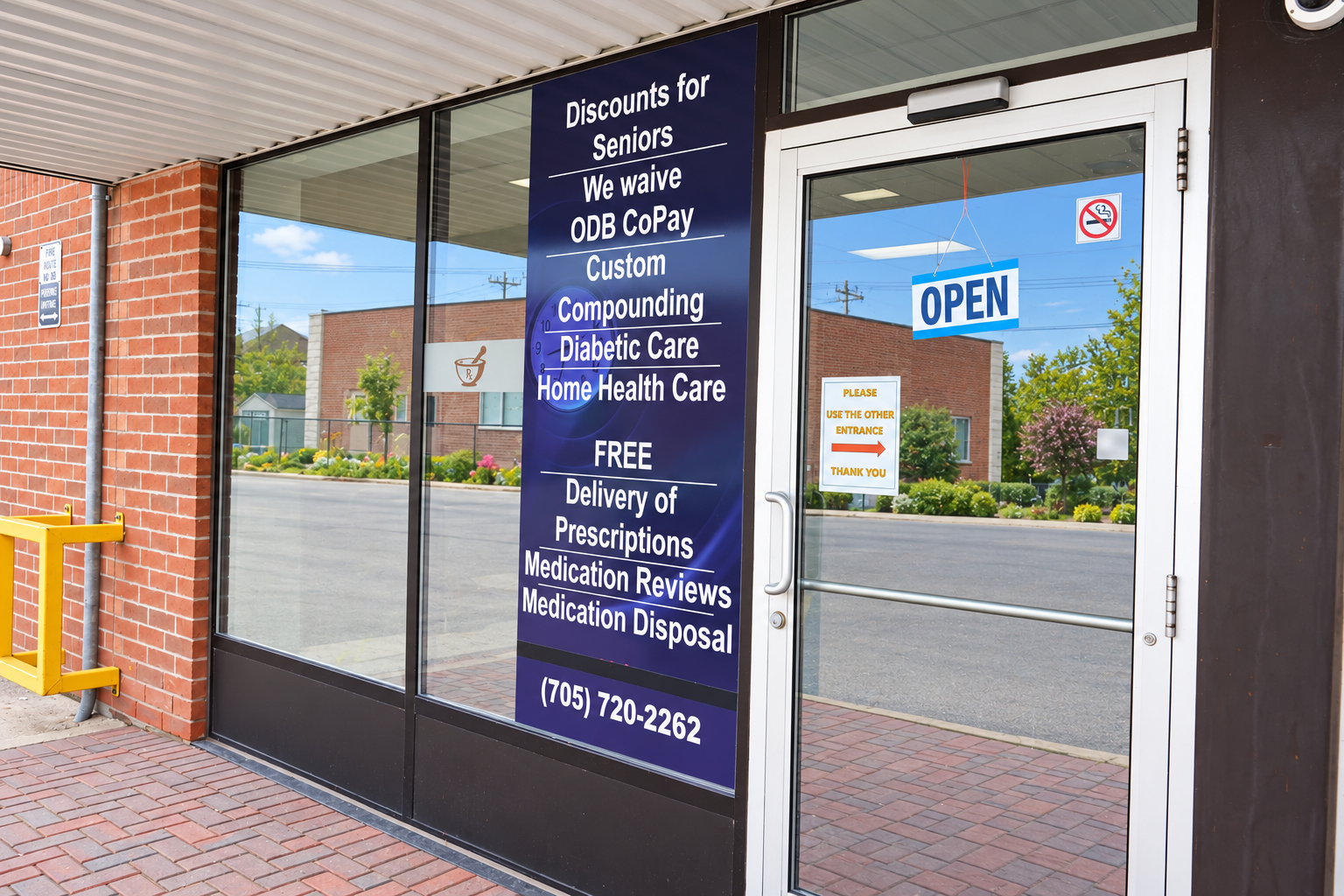Pharmacy window listing services and the OPEN sign