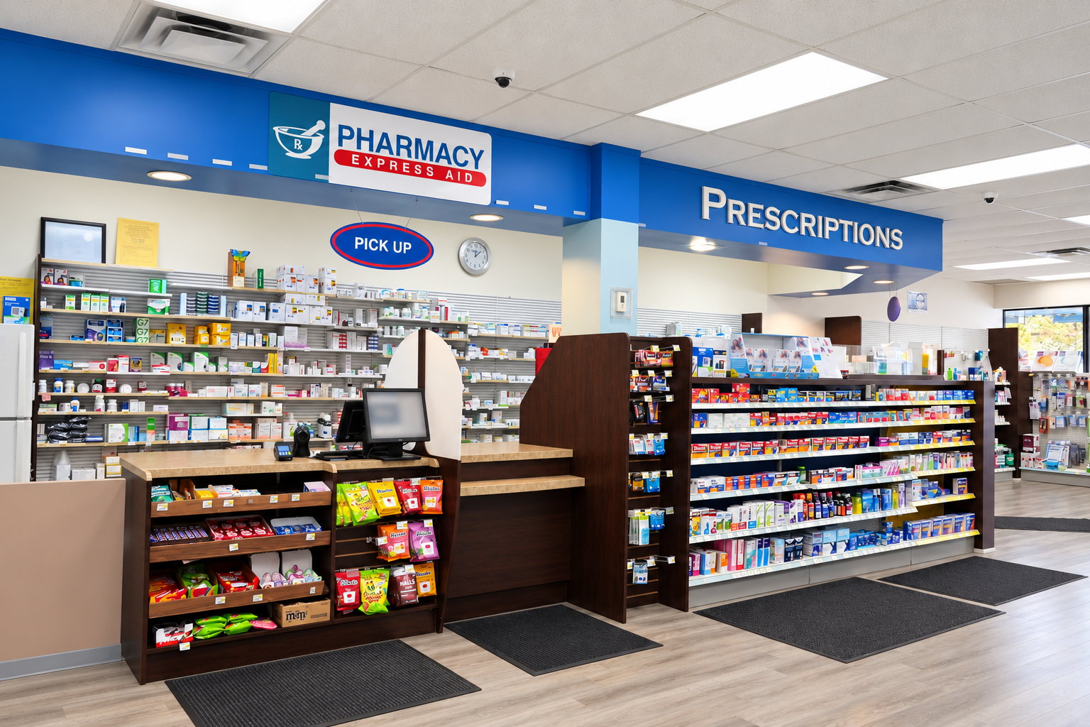 Prescription counter and stocked shelves inside Grove St Pharmacy