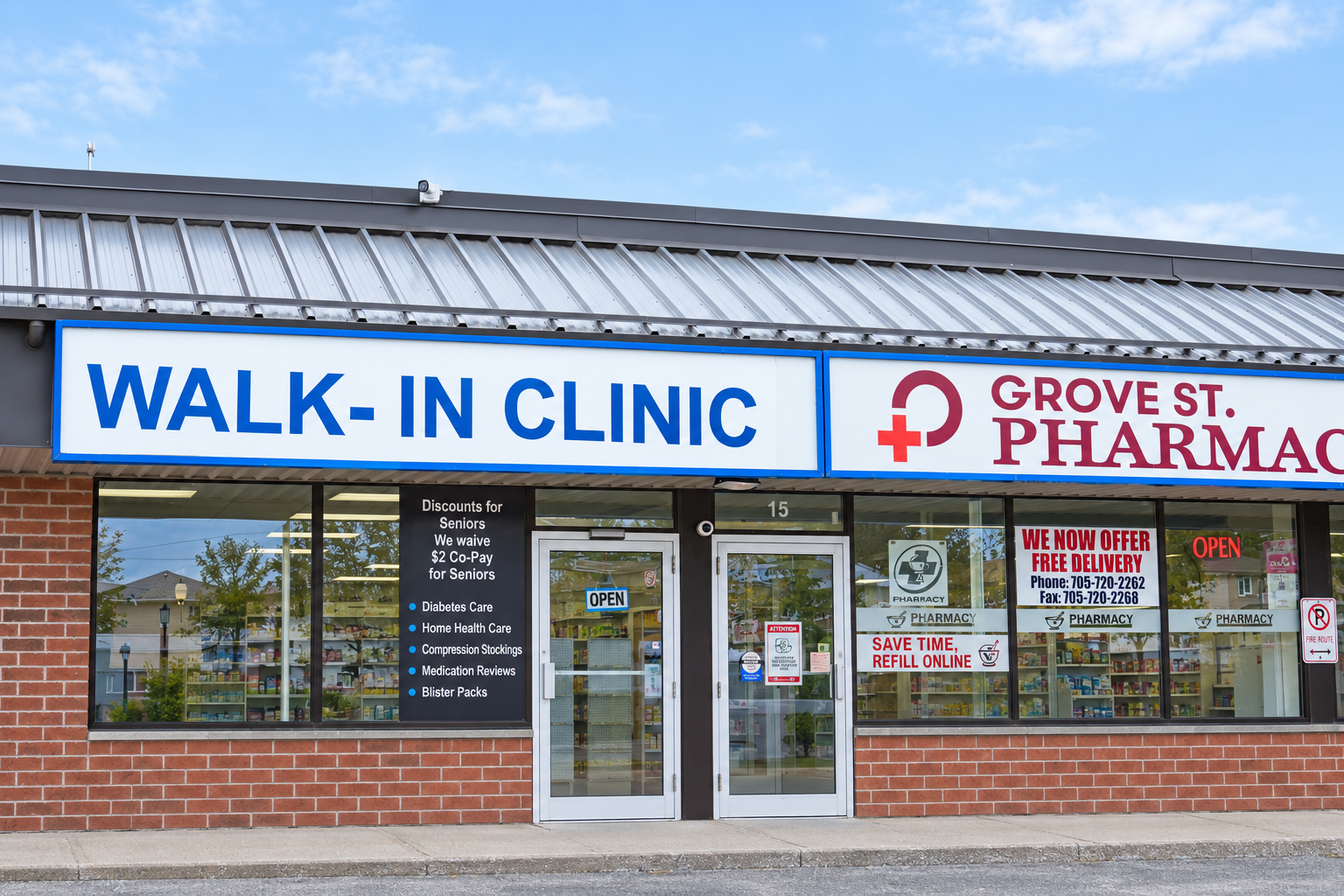 Exterior of the Grove St walk-in clinic and pharmacy on Grove Street East, Barrie